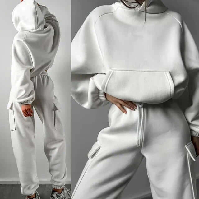 Woman wearing a comfy relaxed fit hoodie & jogger set, ideal for lounging or a casual day out.