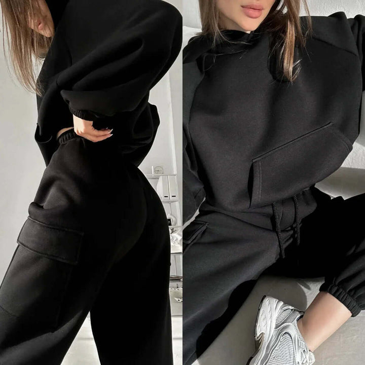 Close-up of the cozy hoodie from the women's relaxed fit jogger set, showcasing soft fabric.