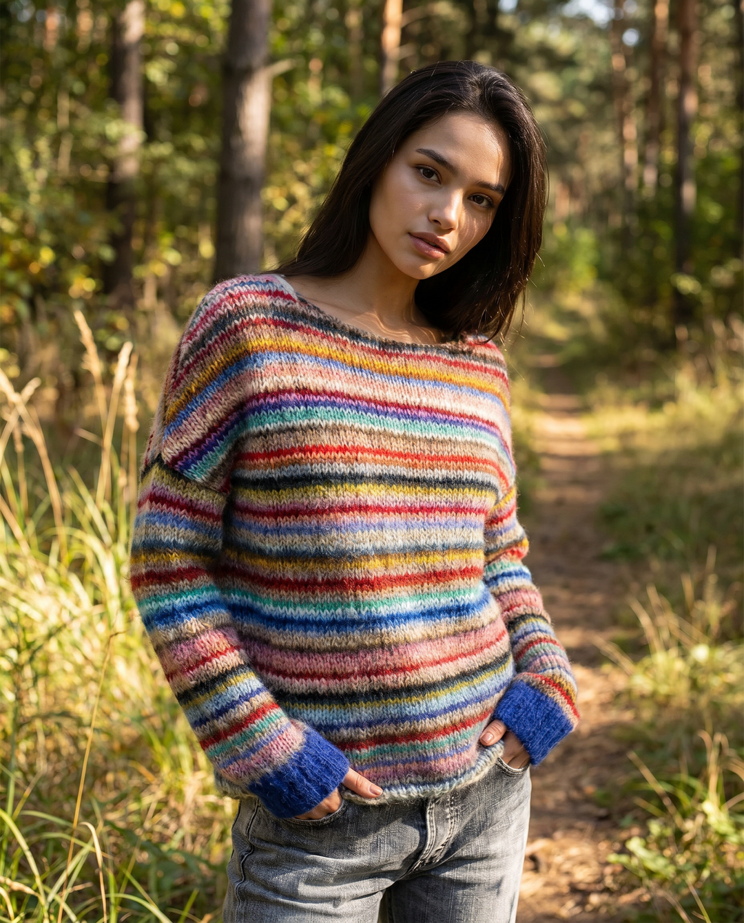 Vibrant women's retro striped sweater. Cozy long sleeve pullover, perfect for stylish winter fashion.