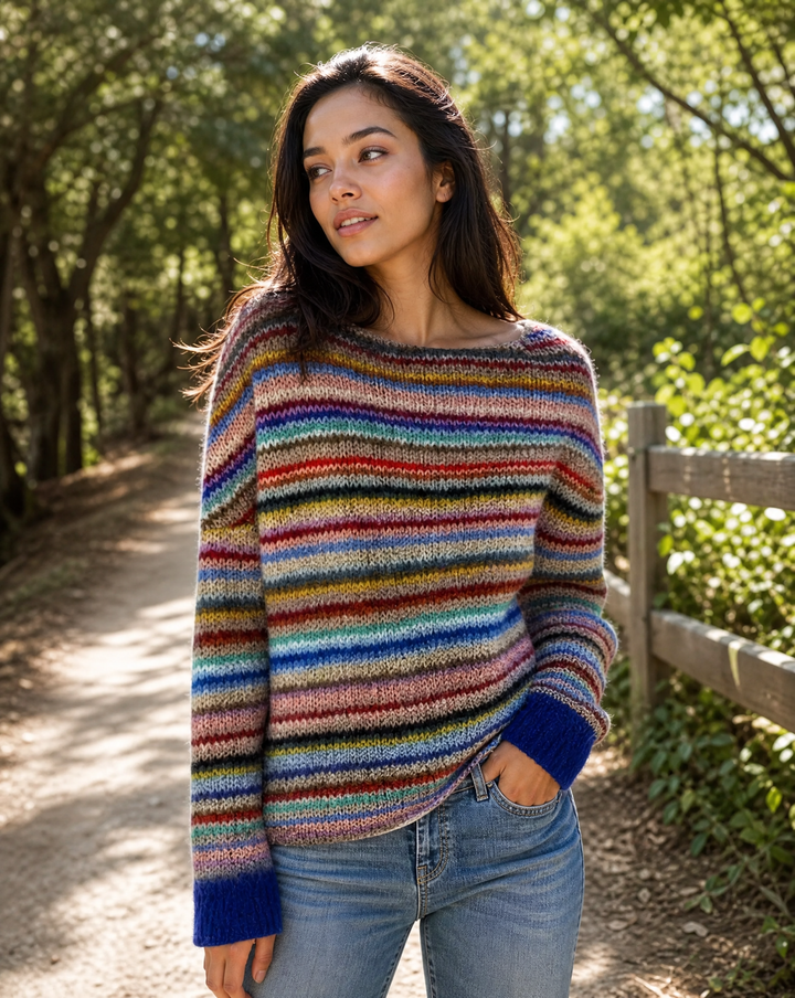 Warm women's cozy striped sweater. Retro style long sleeve pullover for comfortable casual wear & warmth.
