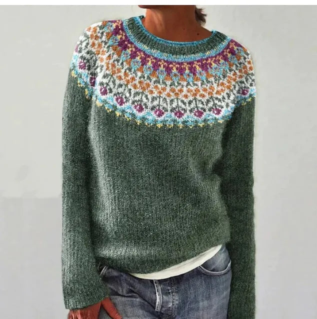 Cozy women's striped sweater in retro style. Long sleeve pullover for comfortable, versatile winter fashion.