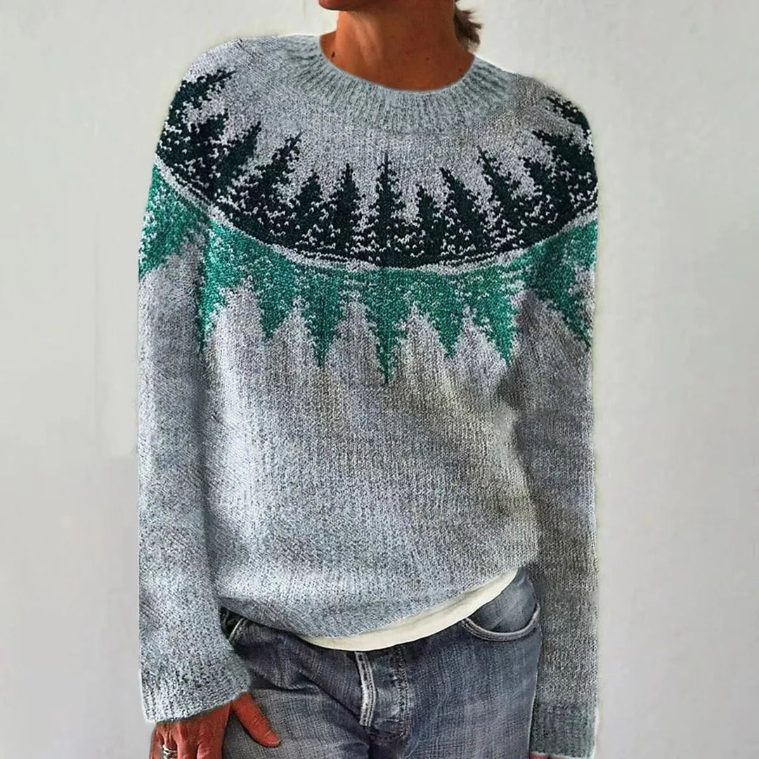 Retro women's striped sweater, cozy long sleeve design. Perfect pullover for comfortable winter fashion.