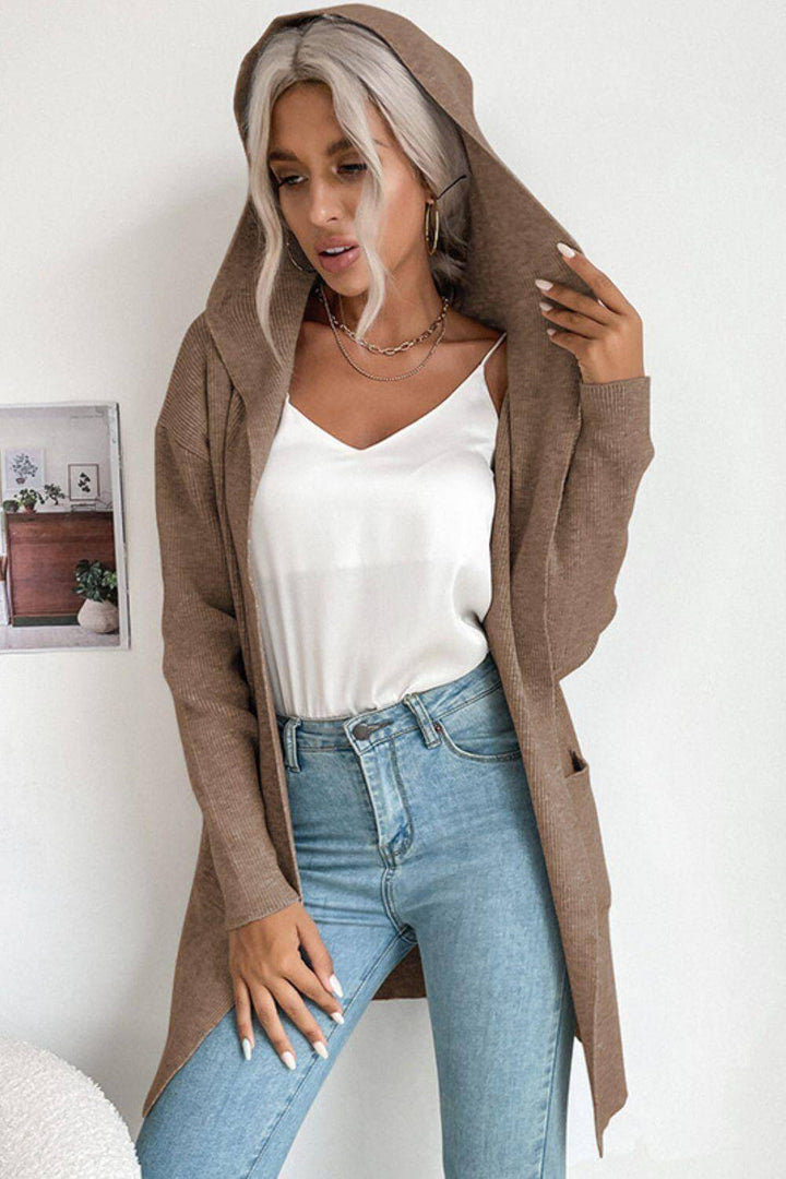 Women's open-front ribbed cardigan with a hood and large pockets, a cozy long-sleeve sweater for fall.