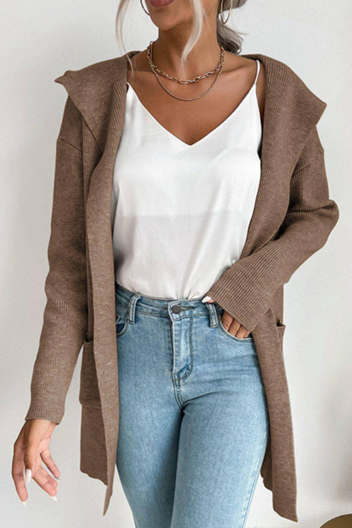 Textured ribbed knit women's hooded cardigan, an open-front long-sleeve sweater with functional pockets.