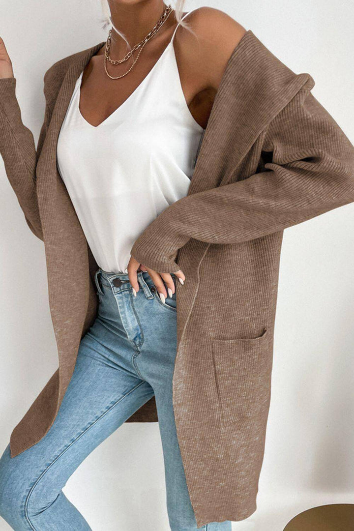 Fall fashion women's ribbed hooded cardigan with pockets, a cozy open-front sweater for everyday warmth.