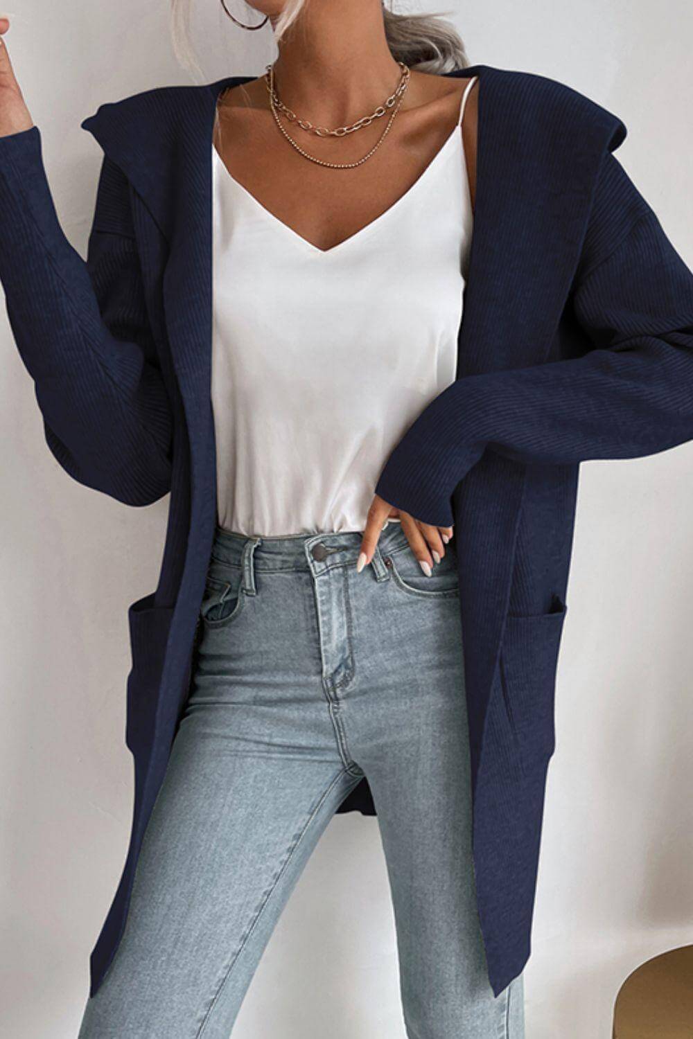 Chic women's ribbed knit open-front cardigan with a hood and practical pockets, a stylish fall sweater.