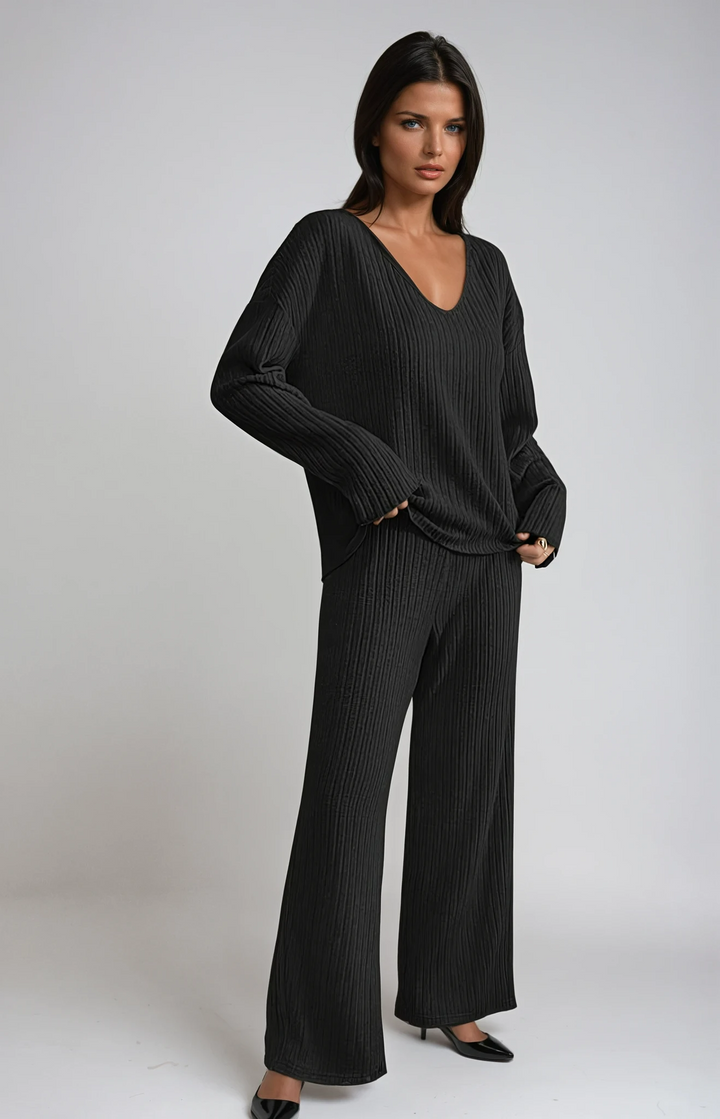 Women's cozy ribbed knit lounge set in a soft texture, perfect comfortable casual wear.