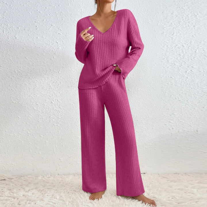 Close-up of the soft ribbed knit fabric of a women's cozy two-piece lounge set.
