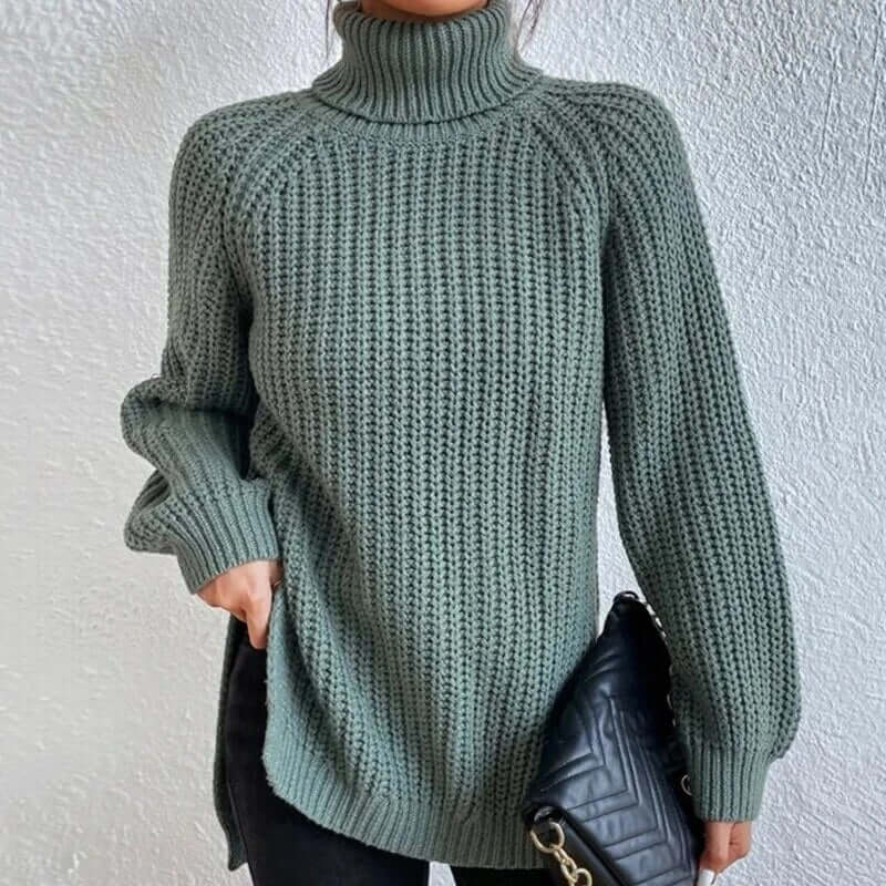 Women's cozy ribbed knit turtleneck sweater with stylish split hem. Perfect for winter fashion & casual wear.