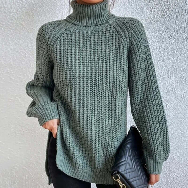 Women's cozy ribbed knit turtleneck sweater with stylish split hem. Perfect for winter fashion & casual wear.