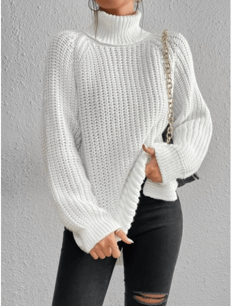 Stylish women's long-sleeve ribbed knit pullover sweater. A cozy turtleneck for fall and winter fashion.