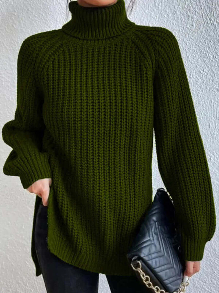 Textured ribbed knit women's turtleneck sweater. A fashionable long-sleeve pullover with a cozy, casual feel.