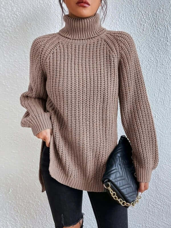 Women's cozy ribbed knit turtleneck sweater with long sleeves and a stylish split hem for cool weather.