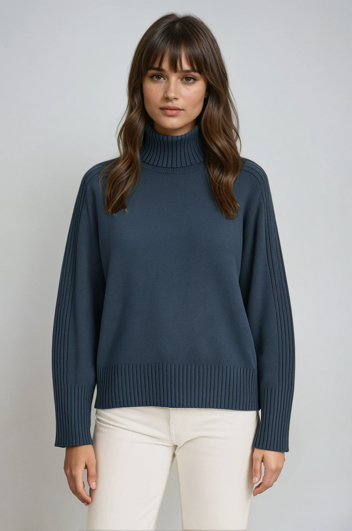 Women's cozy ribbed mock neck sweater with long sleeves, perfect for winter layering.