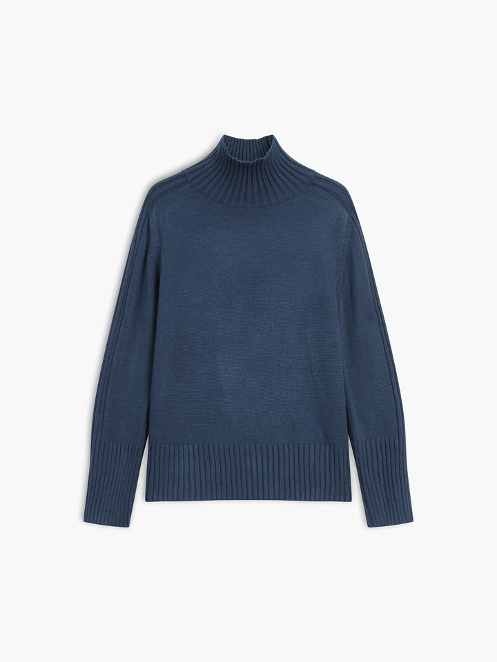Relaxed fit women's cozy ribbed knit mock neck sweater, ideal for comfortable casual wear.