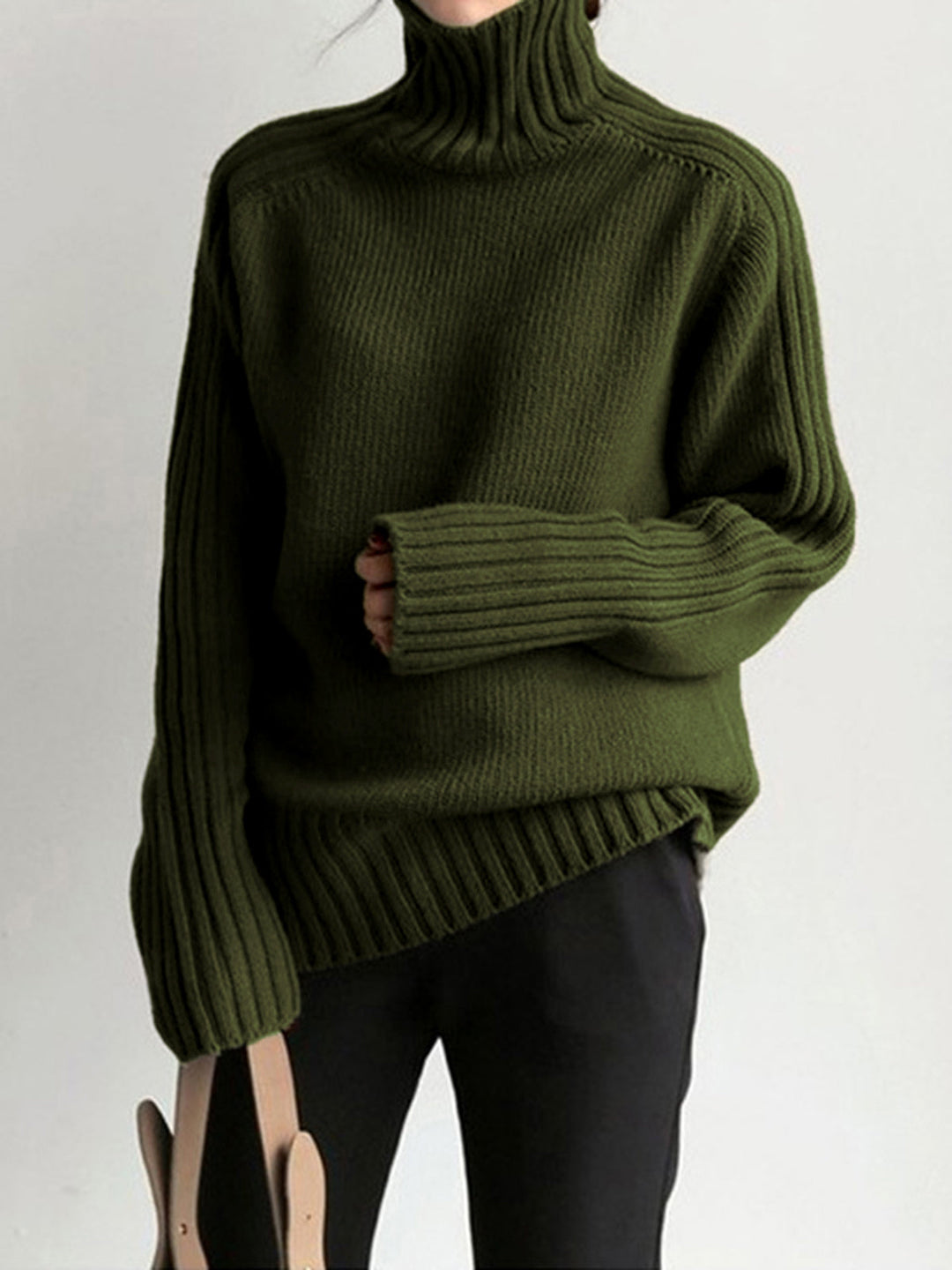 Warm women's mock neck ribbed knit sweater, designed for cozy comfort & relaxed winter style.