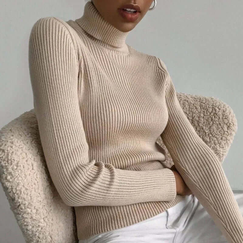Women's cozy ribbed turtleneck sweater in a soft knit, perfect for warm winter style.