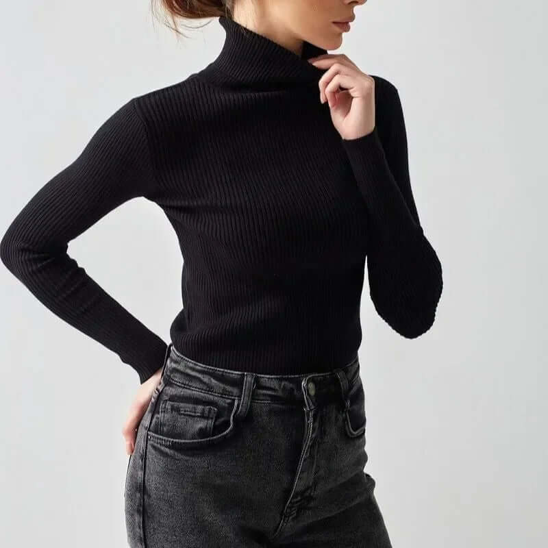 Close-up of a women's chunky knit ribbed turtleneck sweater, ideal for cozy casual wear.