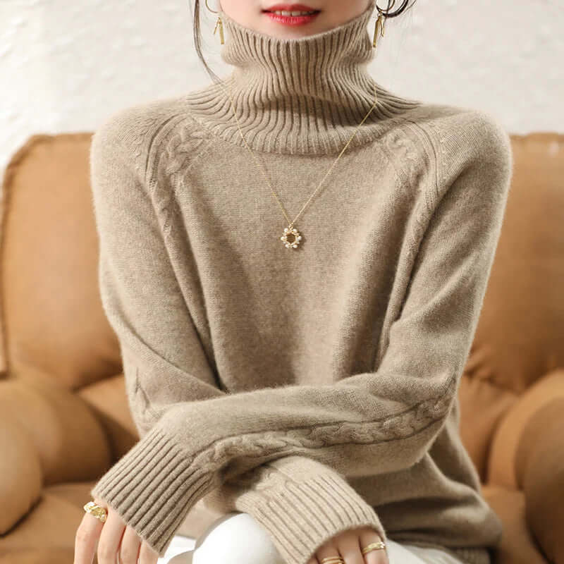 Women's cozy roll neck knitted jumper. Warm, stylish essential for winter.