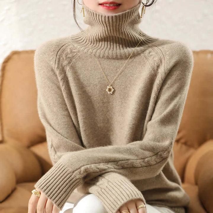 Women's cozy roll neck knitted jumper. Warm, stylish essential for winter.