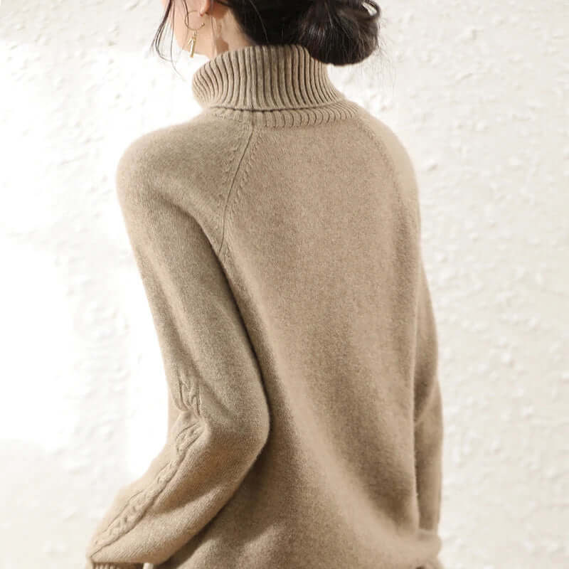 Versatile women's cozy roll neck knitted top. Long sleeve, warm, great for casual or elegant looks.