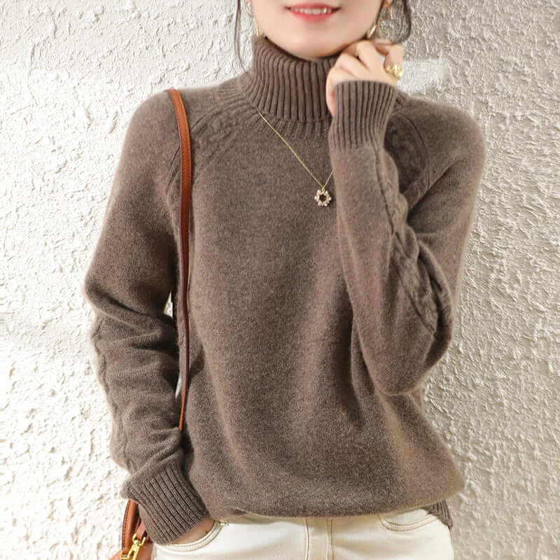 Soft knitted women's roll neck jumper. Cozy, long sleeve, perfect for chilly weather.