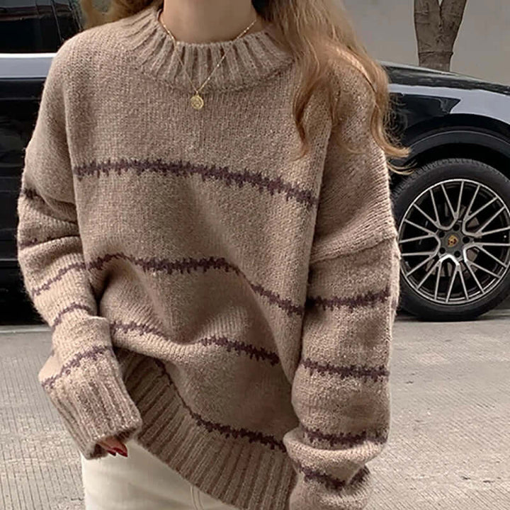 Women's cozy striped knitted round neck sweater, long sleeve, perfect for fall & winter fashion.