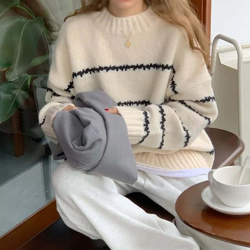 Women's warm striped knitted sweater, an essential round neck long sleeve top for fall & winter.