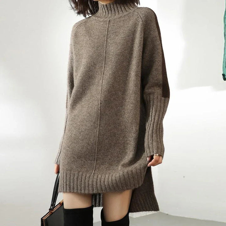 Women's cozy turtleneck long sleeve mini winter dress, elegant & casual chic. Perfect for fall fashion.