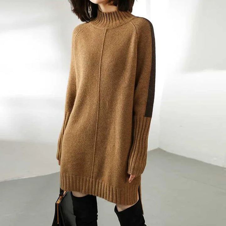 Soft knit turtleneck long sleeve mini dress for women. An elegant and comfortable choice for winter & fall fashion.