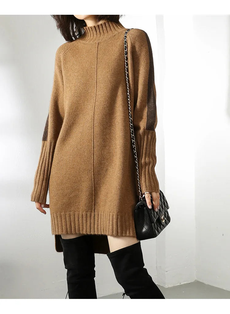 Versatile women's turtleneck mini dress with long sleeves, perfect for elegant or casual chic winter outfits.