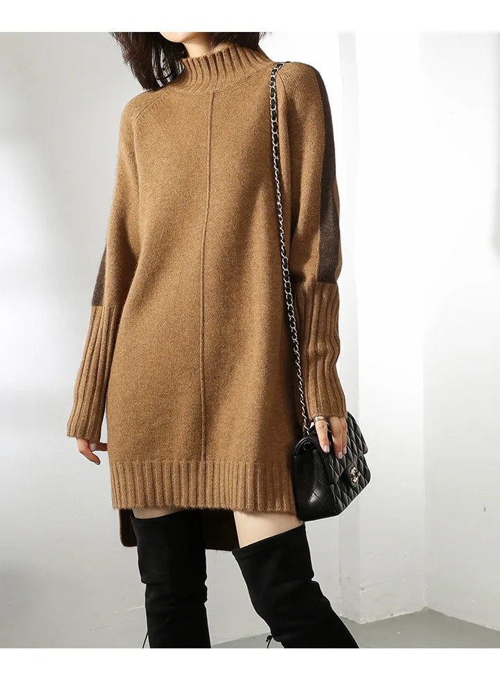 Versatile women's turtleneck mini dress with long sleeves, perfect for elegant or casual chic winter outfits.