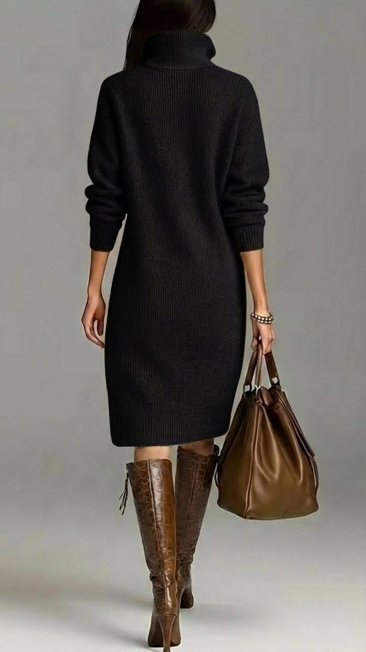 Versatile women's midi winter dress, a cozy turtleneck and long sleeves for elegant casual wear.