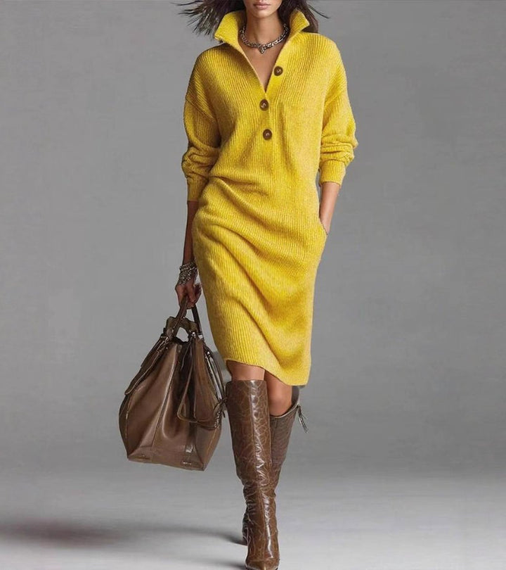 Stylish women's button placket midi winter dress with a cozy turtleneck & long sleeves for winter.