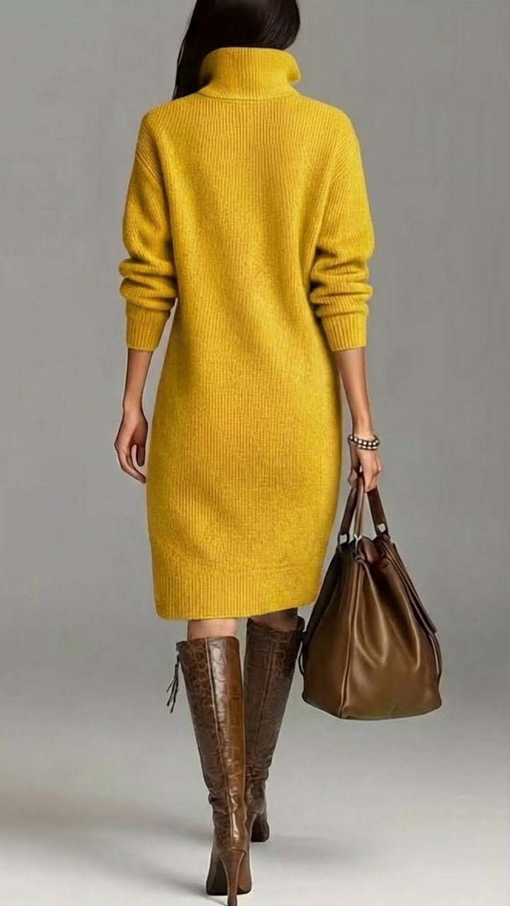 Luxurious cozy women's turtleneck midi winter dress, perfect for sophisticated fall & winter fashion.