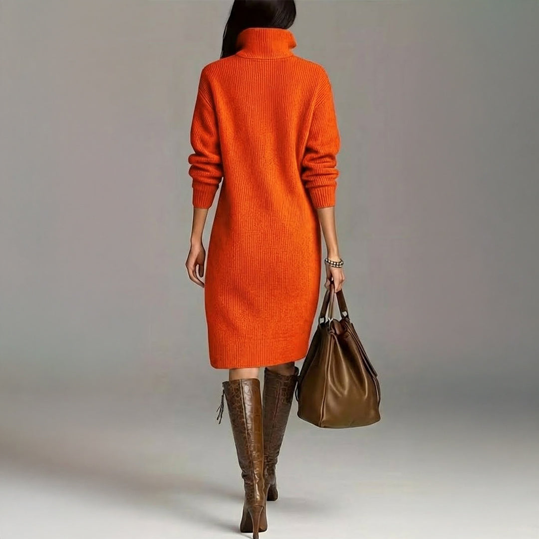 Elegant women's oversized fit midi winter dress with a cozy turtleneck and stylish drop shoulder design.
