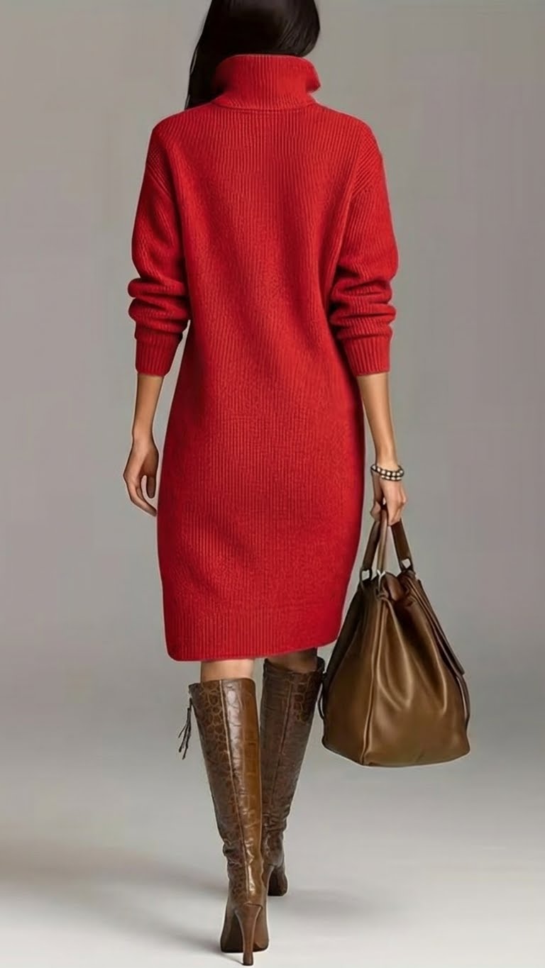 Elegant women's long sleeve midi winter dress with a cozy turtleneck for warmth, perfect for chilly days.