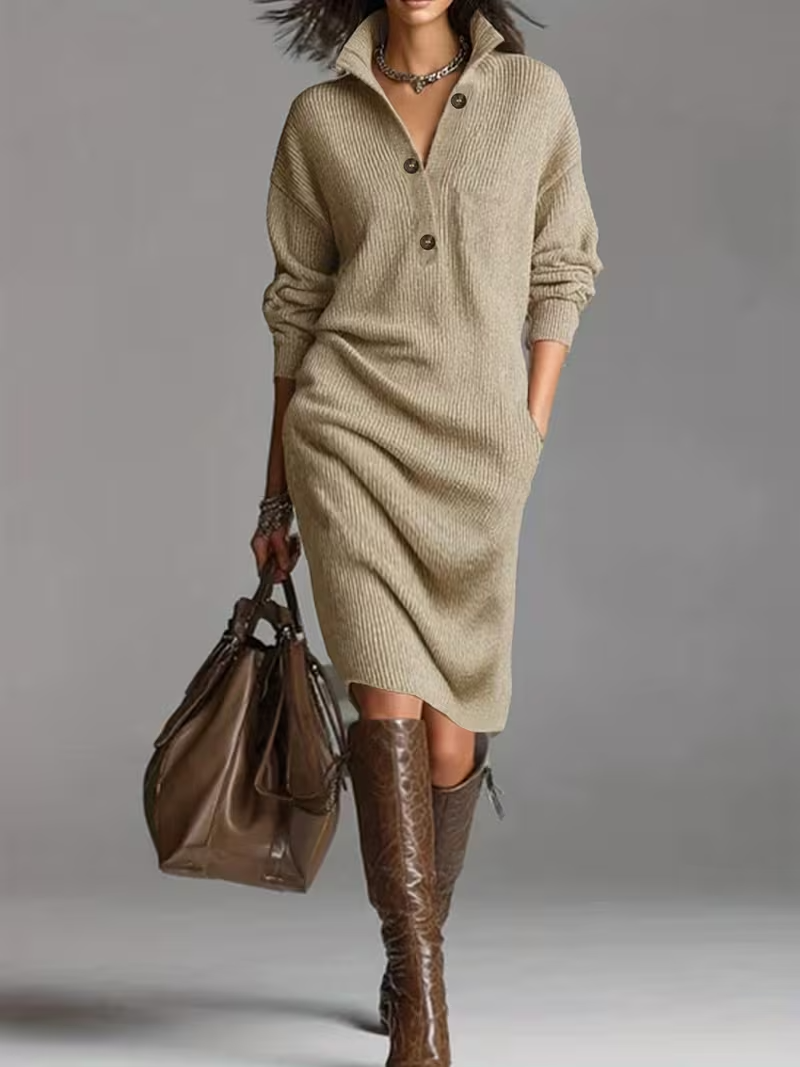 Women's oversized fit turtleneck midi winter dress with drop shoulder detail, great for autumn fashion.