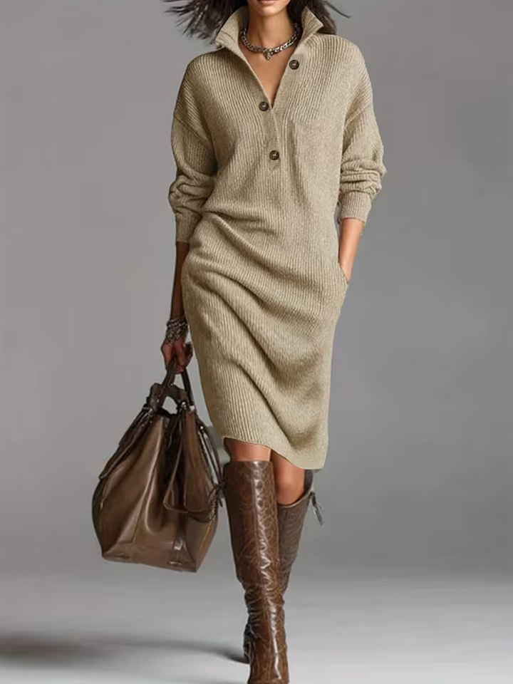 Women's oversized fit turtleneck midi winter dress with drop shoulder detail, great for autumn fashion.