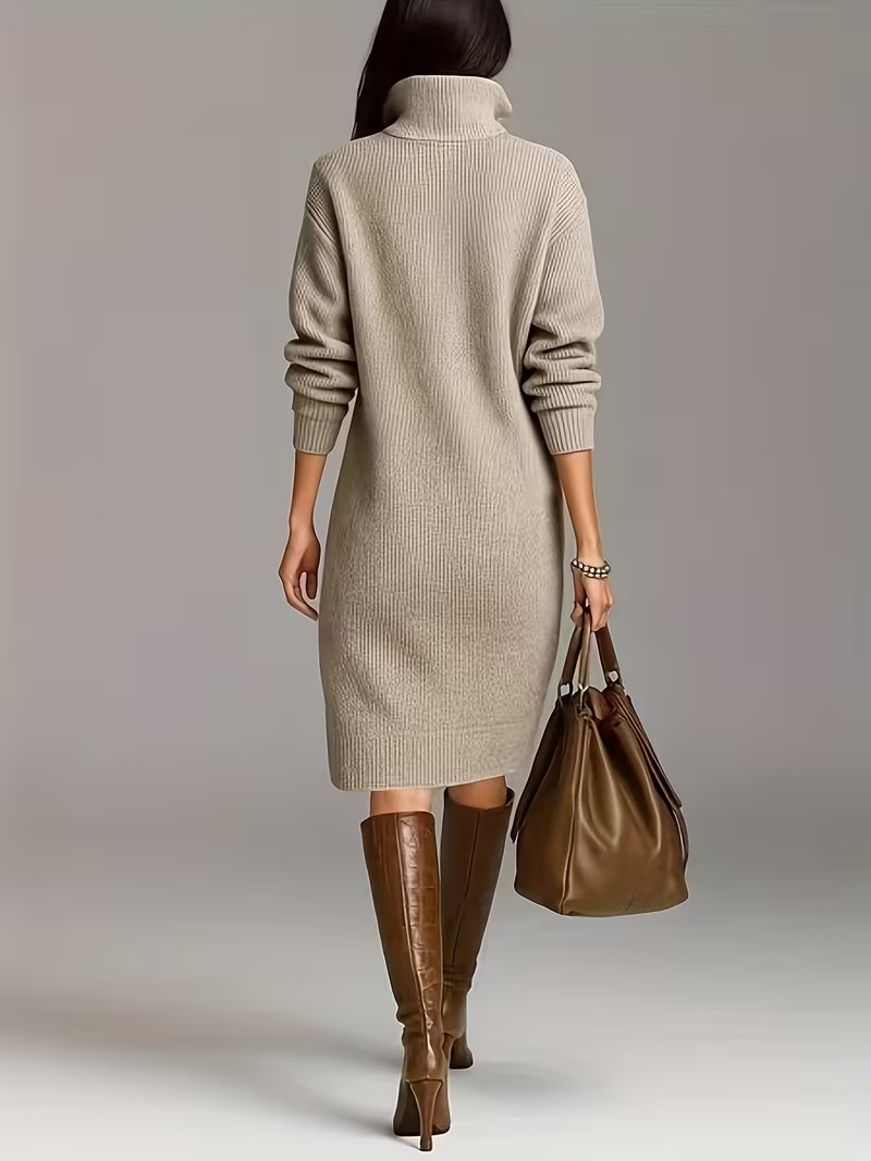 Effortless style women's cozy midi winter dress, a chic long sleeve turtleneck for everyday elegance.
