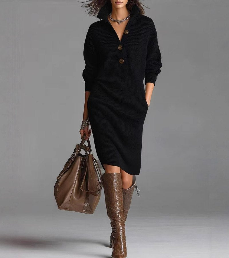 Warm women's turtleneck midi winter dress with long drop shoulder sleeves, designed for a relaxed fit.