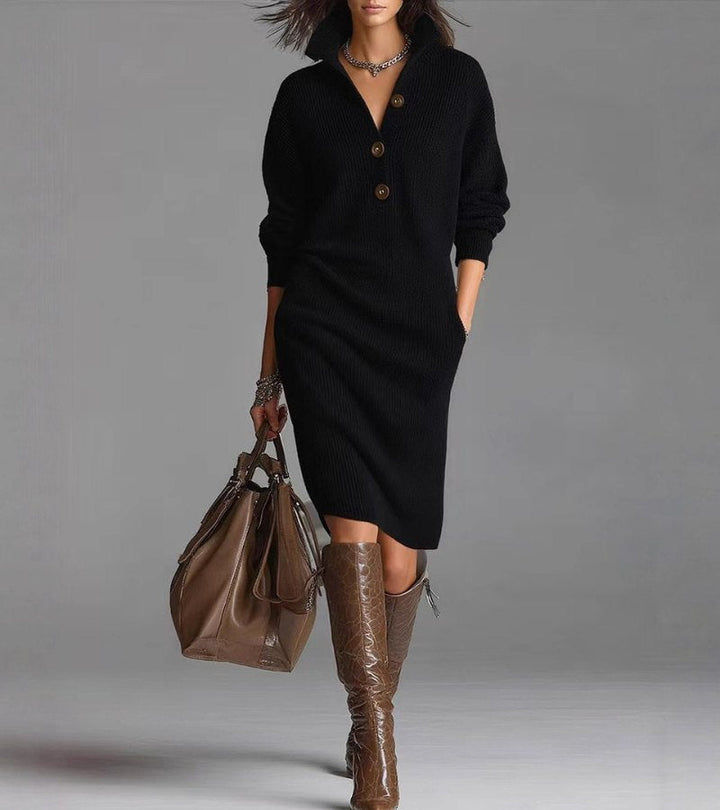 Warm women's turtleneck midi winter dress with long drop shoulder sleeves, designed for a relaxed fit.