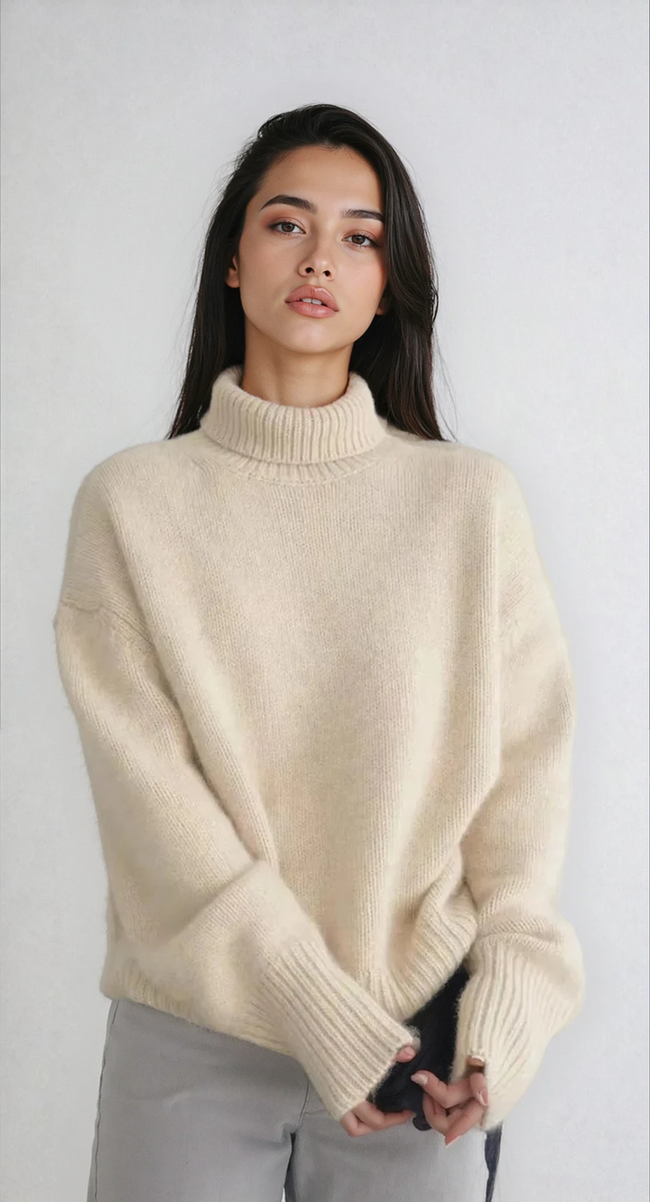 Women's cozy turtleneck pullover sweater in a soft knit, perfect for winter and fall casual chic fashion.