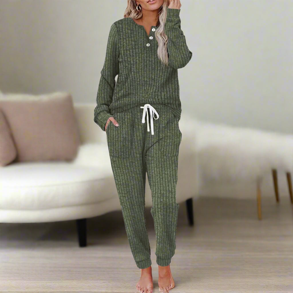 Detail shot: elastic waistband and cuff details on women's cozy loungewear bottoms.