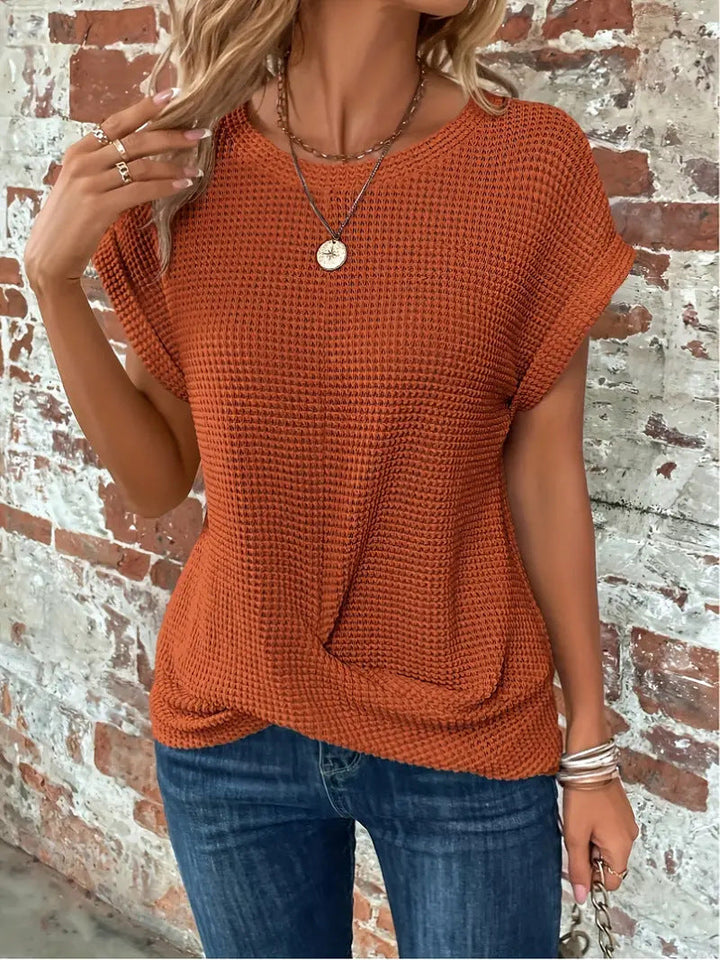 Women's Cozy Waffle Knit Casual Tee. Relaxed fit, long sleeve, comfortable everyday wear for fall.