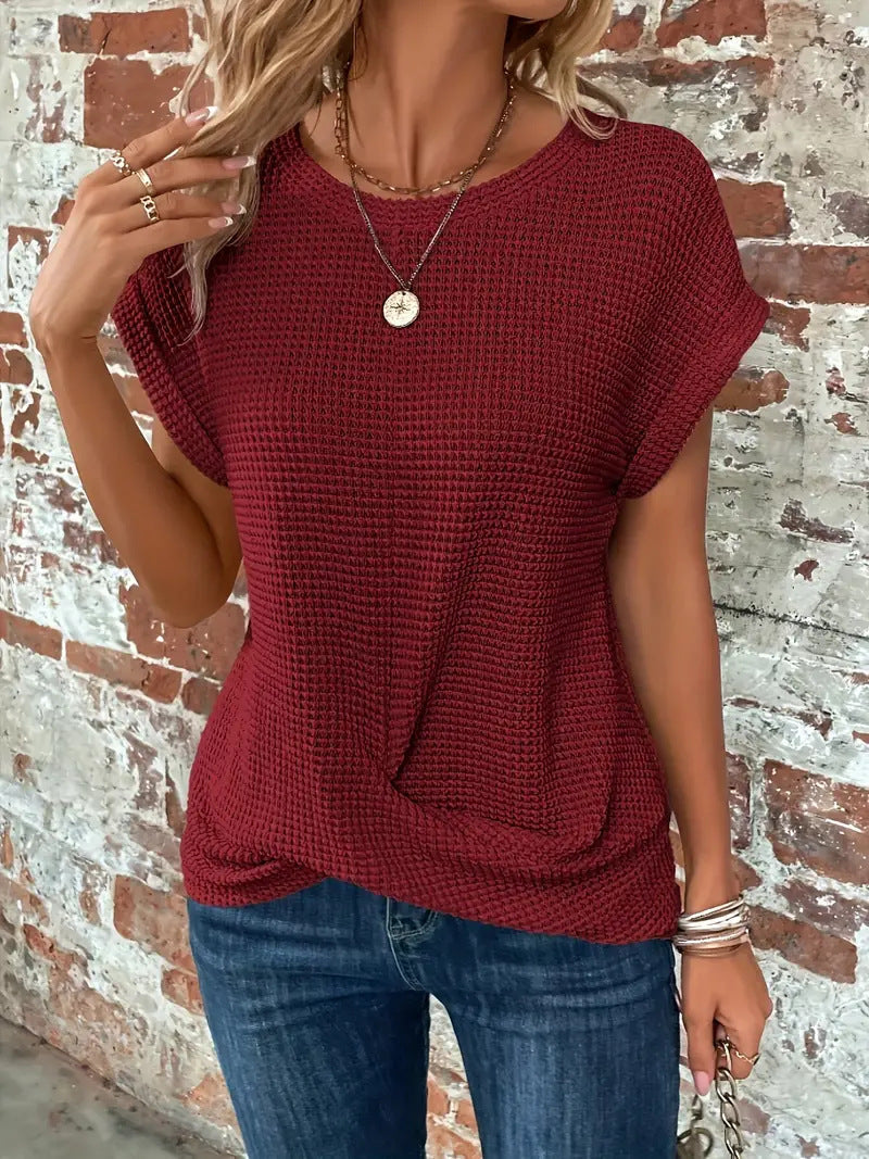 Breathable waffle knit women's top. Solid color long sleeve tee, perfect for casual everyday comfort.