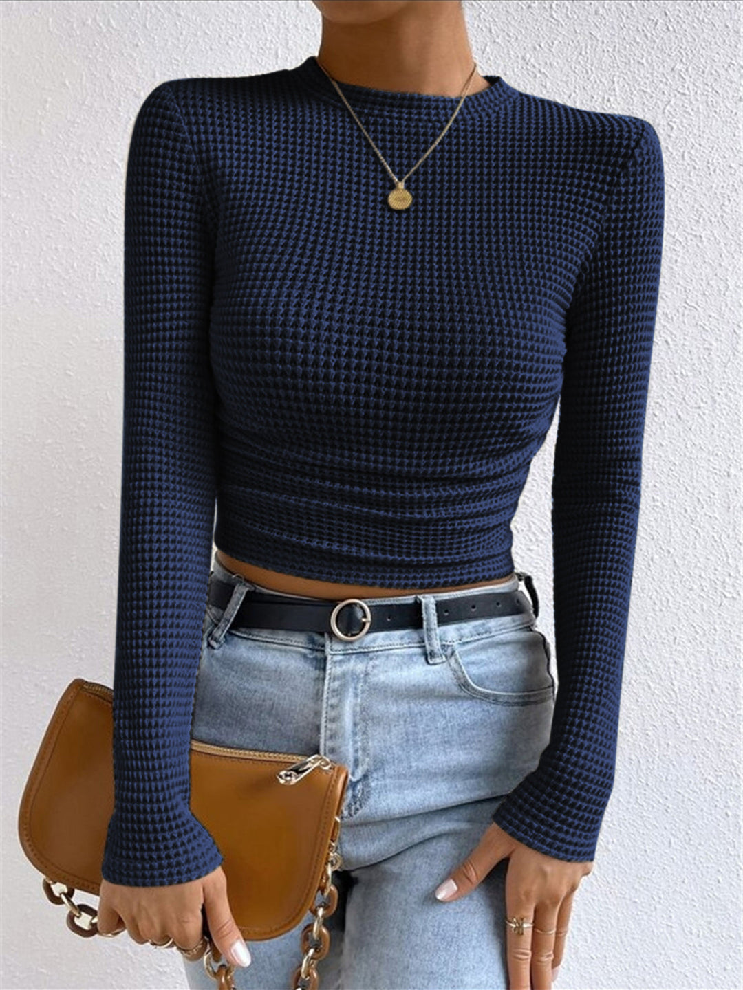 Stay cozy & stylish daily with this women's waffle knit long sleeve top. Essential for casual comfort.