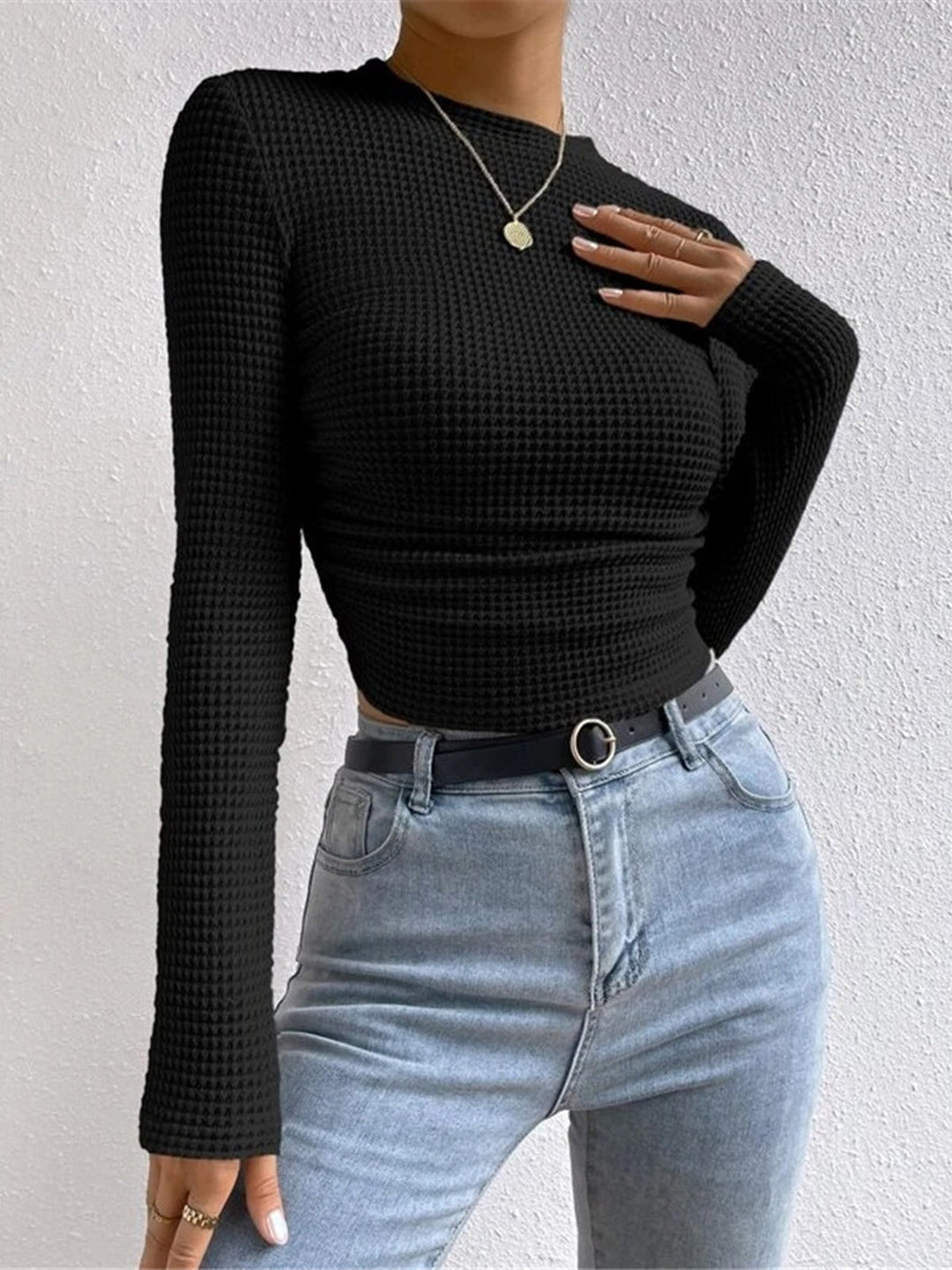 Texture-rich women's cozy waffle knit long sleeve top. A wardrobe staple for fall & winter comfort.