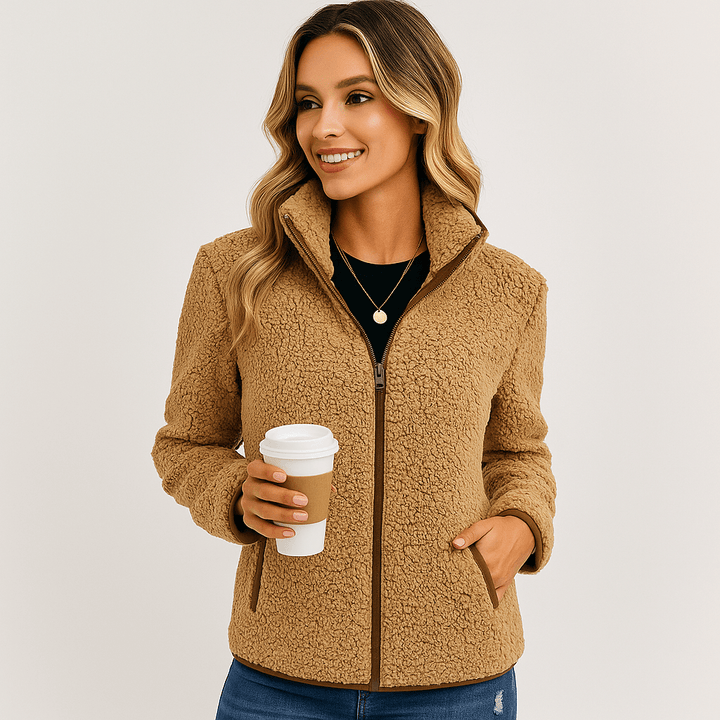 Close-up of a women's cozy warm outdoor jacket, showcasing soft texture and quality for winter comfort.