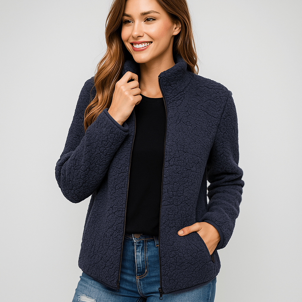 Woman wearing a stylish, cozy warm outdoor jacket in a fall landscape. Perfect versatile winter outerwear.